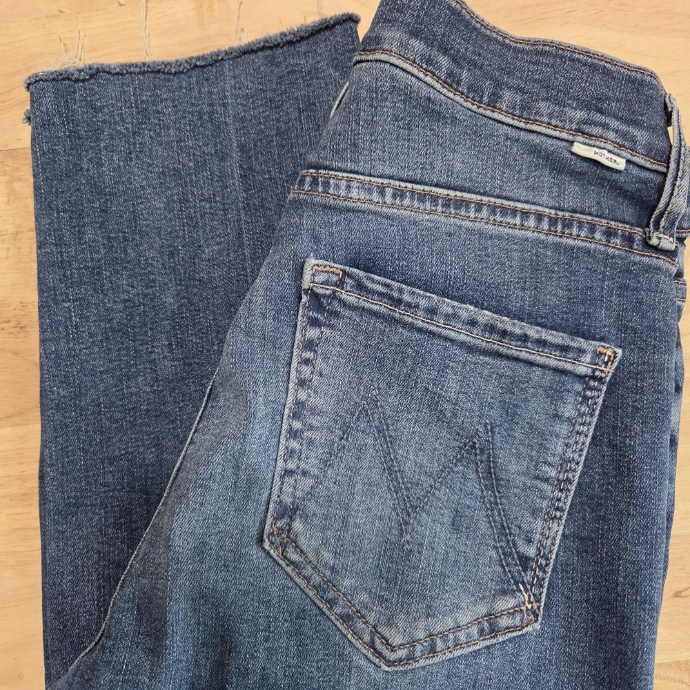 Mother The Mid Rise Dazzler Ankle Step Fray Jeans Gold Label Size 26 Dark Wash